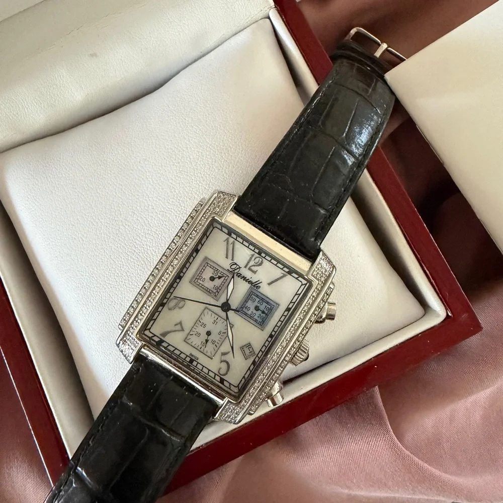 Danielle Silver-Tone Rectangular Watch with Black Leather Strap